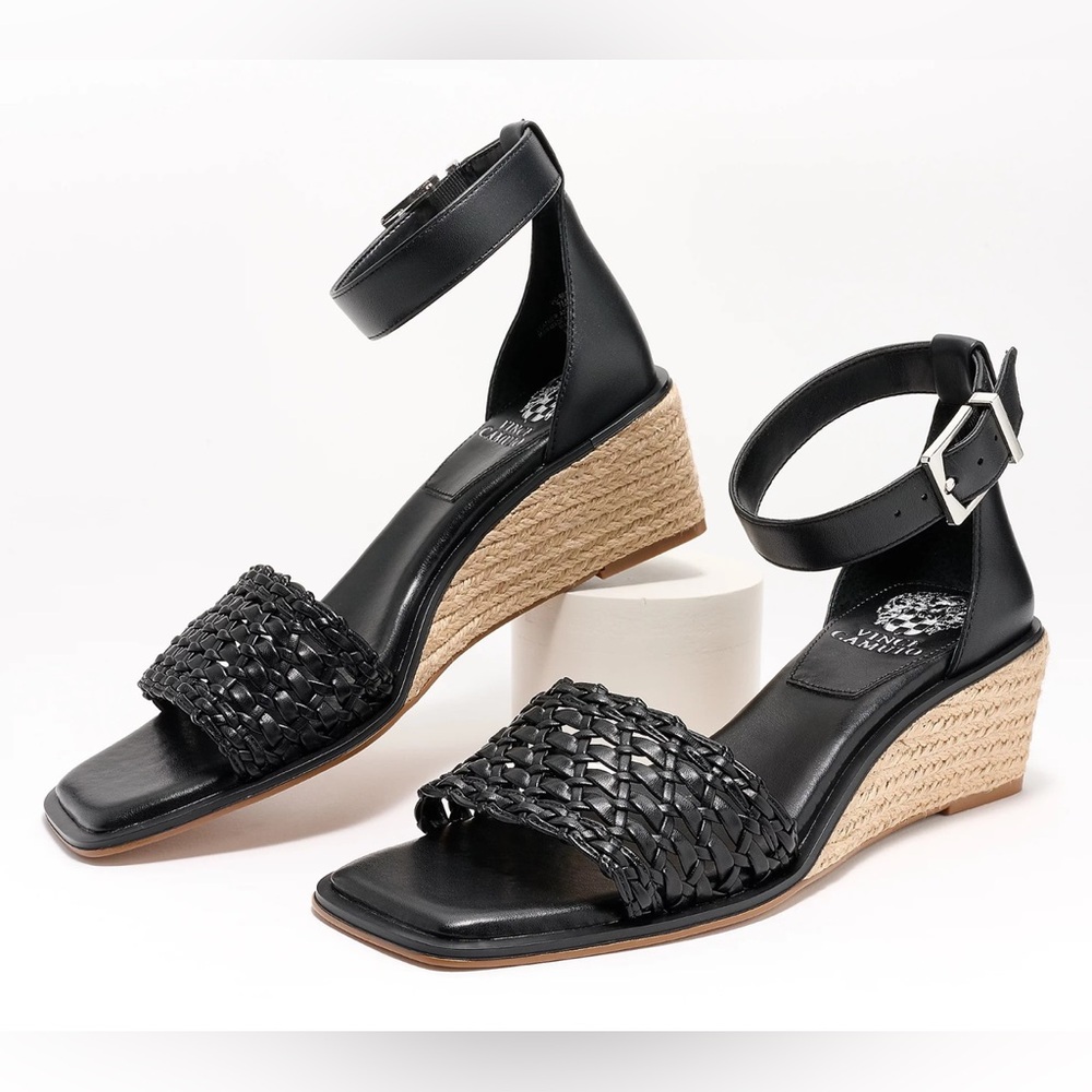 VINCE CAMUTO Black Bretandi Leather‎ Wedge Sandals Size 7 Wide Woven Espadrille